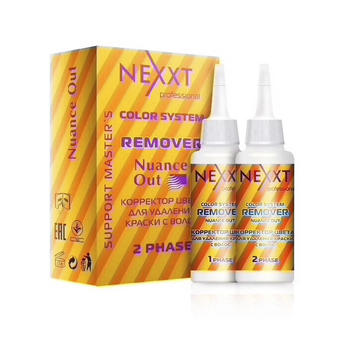 

Ремуверы для волос и кожи NEXXT Professional, Эмульсия-лосьон NEXXT Professional Color System Remove корректор цвета для удаления краски с волос 2 фазы 125 мл